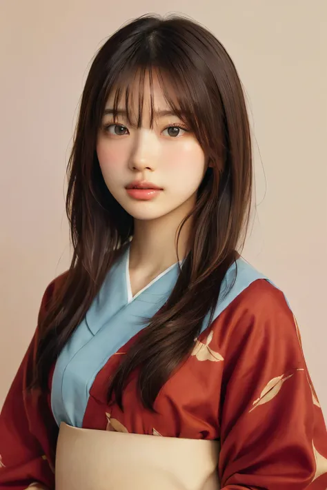 bangs,(highest quality,masterpiece:1.2),1 girl,8K,ultra high resolution,super detailed,highest quality,looking at the viewer,perfect lighting,flat light,super high quality,ultra high resolution,masterpiece,realistic,detailed face,(simple background),(maroo...