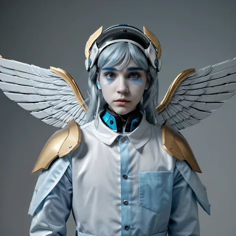 A man  dressed like an angel inspired by grimes imbeded with technology with the mmain colors being white and gold some blue and grayfull. He has a helmet with wings on the side angleic style