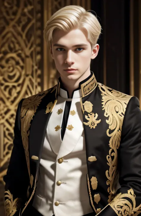 A young pale white, European man, with blonde hair, wearing a simple black brocade, with gold and silver linings