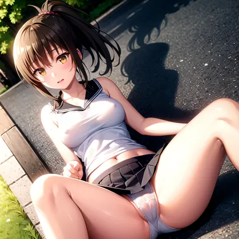 realistically, brown eyes, ponytail, glowing eyes, white short skirt, extra short skirt, Blush, daytime, Wet from the rain, see through, sleeveless shirt, nipples, pussy, crotch, embarrass, Sit with your knees raised, windy, yuki mikan, the skirt is turned...