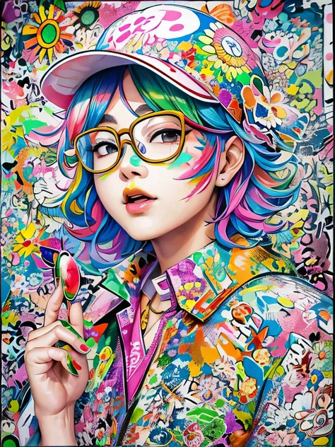 Takashi Murakami style、8K quality, watercolor painting, stylish design, (((The strongest beautiful girl of all time))), (((Japanese)))、Idol、Yuriko Yoshitaka、clear, stylish glasses, Fashionable hats, (((highest quality))), bob hair, Place your hands on the ...