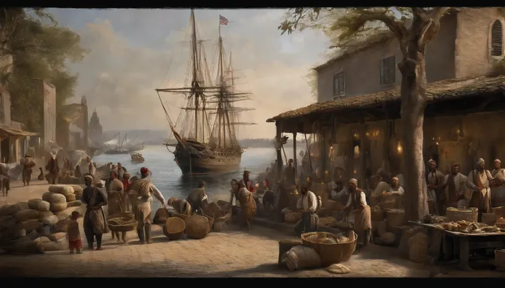 Illustrate a busy port during the peak of the colonial era. This panoramic view features a port teeming with activity as goods are loaded and unloaded from tall ships. The diverse array of goods- spices, textiles, and precious metals- reflects the global t...