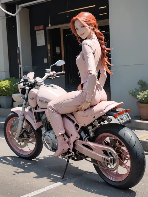 ((highest quality)), ((masterpiece)), ((Perfect Face))、（(motorcycle details)）、Detailed and clear photos、((Riding a motorcycle))、Slim body、Long limbs、(full body shot)、smile、((Light pink leather jumpsuit and long boots))、((Braided red hair))、(Back view)