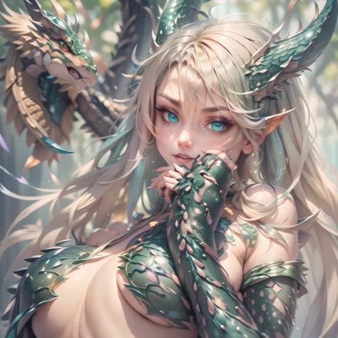 (best quality,4k,8k,highres,masterpiece:1.2, portrait), ultra-detailed, realistic, naked sexy dragon woman with green and blue glittering scales, skin is glittering green and blue scales, medium length wavy green hair with blonde highlights, very playful b...