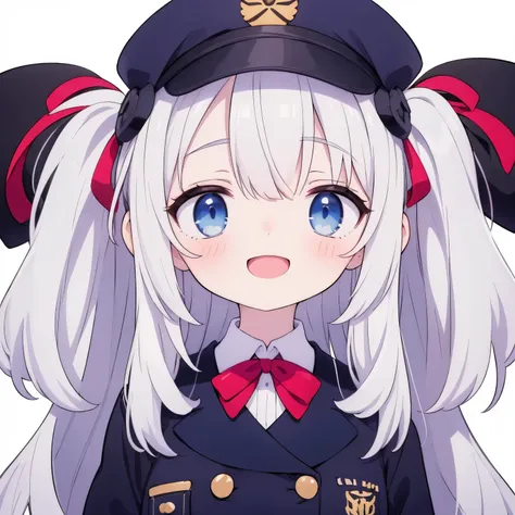 Cute anime style,high quality,laughing, standing, front view,covering one eye, silver short hair, blue eyes, pale skin,black military uniform,Not too big breasts,10-year-old, white background, kawaii, cel anime, upper body, medium shot, from front, purple,...