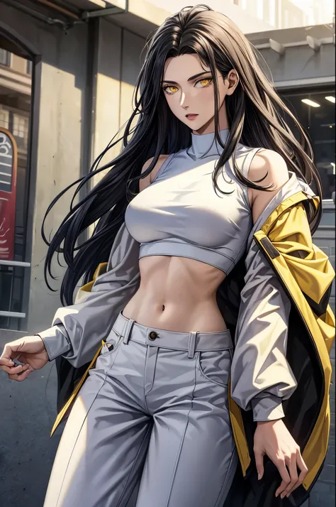 black hair,yellow eyes,masterpiece, best quality, high quality, highres, outdoors, looking at viewer, white shirt, crop top, mid...