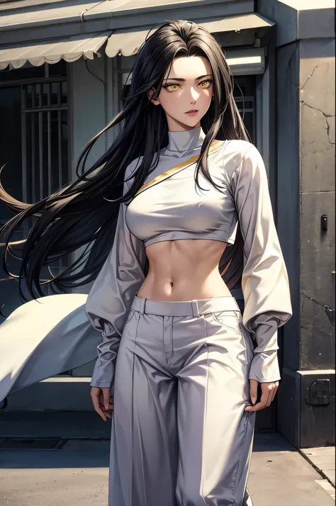 black hair,yellow eyes,masterpiece, best quality, high quality, highres, outdoors, looking at viewer, white shirt, crop top, mid...