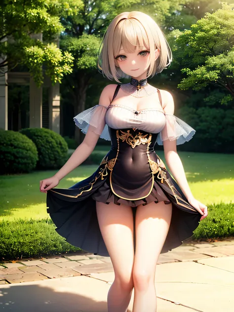 An unparalleled masterpiece, 4K, (highest quality:1.2), (Very detailed:1.2), Detailed Shadows, pavolia reine, short hair, Pure main outfit, dress, Removable sleeves, Navel clipping, Exposing shoulders, White knee socks, smile, blush, Day light, Day, Outdoo...