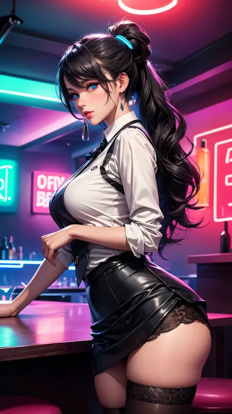 a lady, permanent, bartender, ((Black vest with white shirt) black tie), (black skirt with black lace stockings high heels), Stylish clothing, adult, Sexy, black hair, very long wavy hair, half updo half up half down, shine blue eyes, long upper eyelashes,...