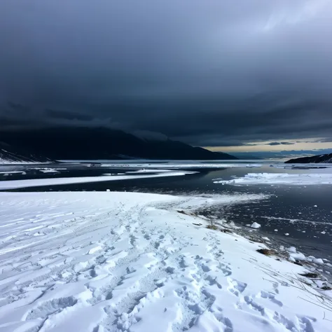 Dark Sky、Northern Europe、fjord、Thick Clouds、Heavy snowfall in the middle of the night、Heavy snow is falling and I can&#39;t see ahead、Glacier、