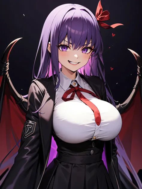 isometric, mid shot,  night, ,,, purple hair, black jacket, white shirt, black skirt, red ribbon, big breasts, purple eyes, whit...