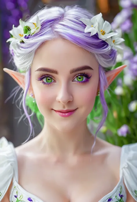Stable Diffusion prompt: Elf, standing, smiling, beautiful detailed eyes, green detailed eyes, purple and white hair, white dress, flowers, white skin, white body, showing cleavage, small, oil painting, ultra-detailed, studio lighting, vivid colors, bokeh,...