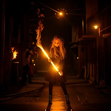 night city without people, fire, girl holding a torch 