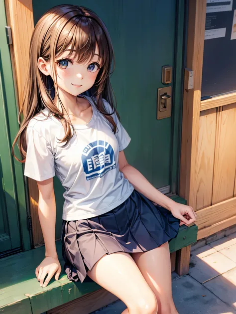 highest quality,best image,Japanese,Small breasts,Brown hair long,Elementary school girl,Beautiful girl,smile,T-Shirts,mini skirt