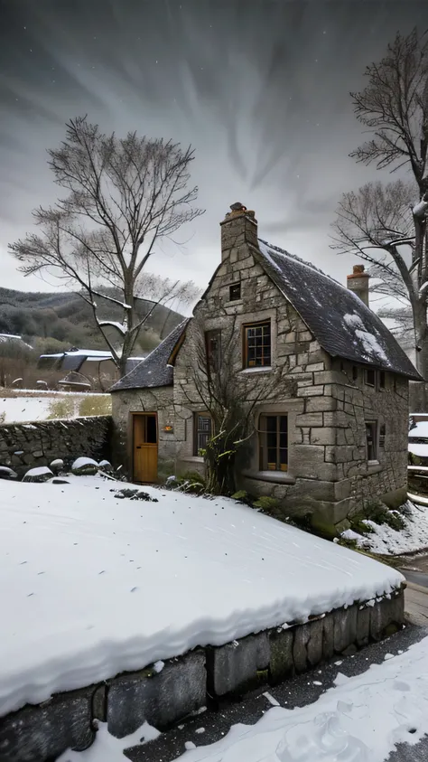 close up, andrew wythe style, old stone cottage on a hillside, very dark sky, night time, snow on the ground, bare trees