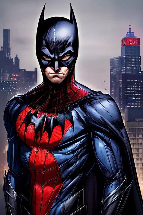 1man, big batman, spiderman motif, blue and red suit, tall body, high quality images, standing in rooftop, night, sinister, hype...