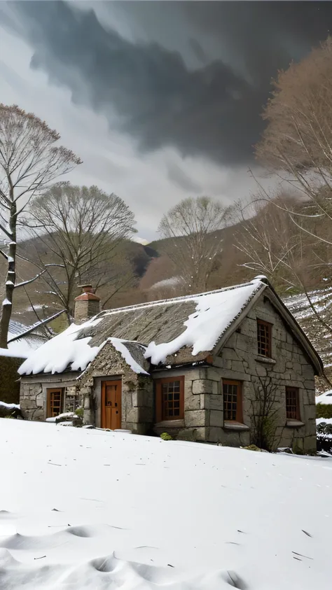 close up, andrew wythe style, old stone cottage on a hillside, very dark sky, night time, snow on the ground, bare trees