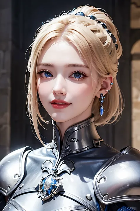 ８Ｋ、highest quality、female knight、Luxurious Silver Armor、、hairstyle short cut、smile、Beautiful Teeth、Full body photo、ear piercing、blonde、White woman、blue eyes、Heavy makeup、The background is inside the castle

