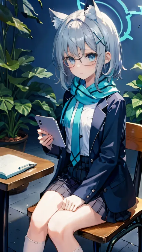 ,girl,Best image quality,,Blue Hair,,Blue Eyes,Glasses,White skin,,Short Hair,Straight Hair,Half Eye,hydrangea,rain,cardigan,,Cafe,coffee,Sitting on a chair,Reading,Book,small,