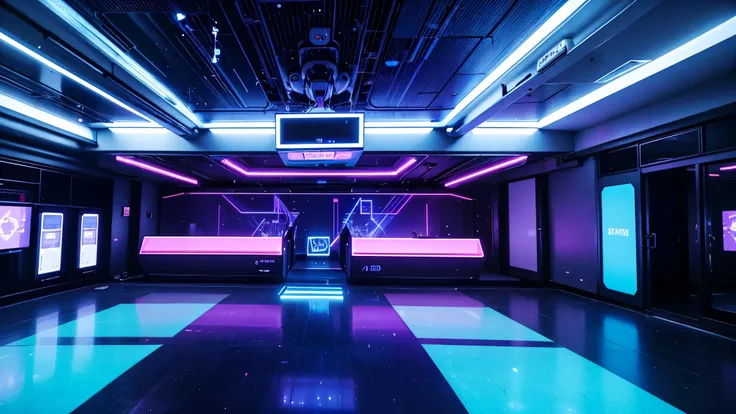 blue and pink cyberpunk empty room,futuristic atmosphere,neon lights,high-tech furniture,glowing holograms,reflective surfaces,transparent screens,geometric shapes,virtual reality (VR) devices,hovering drones,interactive AI assistant,artificial intelligenc...