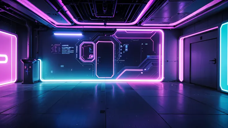 blue and pink cyberpunk empty room,futuristic atmosphere,neon lights,high-tech furniture,glowing holograms,reflective surfaces,transparent screens,geometric shapes,virtual reality (VR) devices,hovering drones,interactive AI assistant,artificial intelligenc...