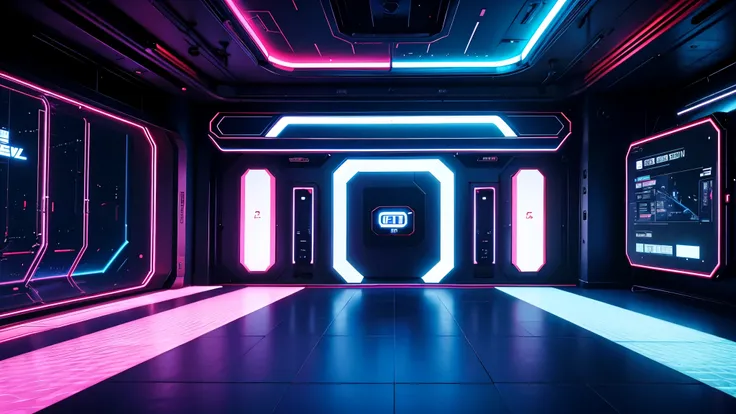 blue and red cyberpunk empty room,futuristic atmosphere,neon lights,high-tech furniture,glowing holograms,reflective surfaces,transparent screens,geometric shapes,virtual reality (VR) devices,hovering drones,interactive AI assistant,artificial intelligence...