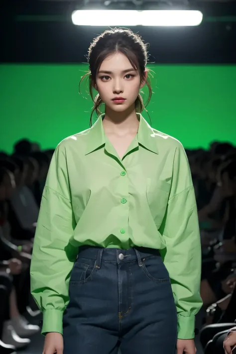 Generate an image of a female wearing a light green shirt with the following details:
- long-sleeved light green shirt design
- Buttons down the front
-wearing a casual pants
- The background is dark with blue lighting, indicating an indoor setting like a ...