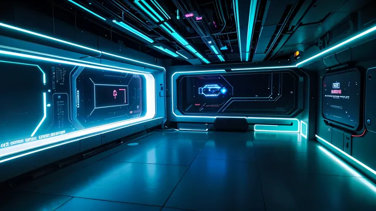 blue and green cyberpunk empty room,futuristic atmosphere,neon lights,high-tech furniture,glowing holograms,reflective surfaces,transparent screens,geometric shapes,virtual reality (VR) devices,hovering drones,interactive AI assistant,artificial intelligen...