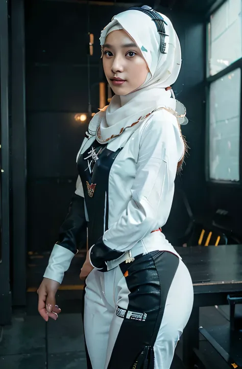 (((Young indonesian Woman in hijab))), ((Best Quality)), ((masutepiece)), (Detailed: 1.4), (Absurd), 19-year-old woman with Simon Bisley-style micro thong, Genesis evangelion neon style clothing, 2-piece clothing, Long white hijab, cybernetic hands, pastel...