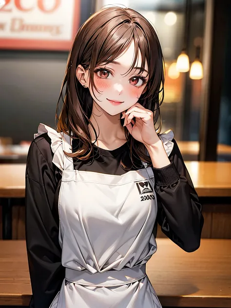 woman portrait ,20 years,Upper body,Jeans、apron、Shiro color shirt、Ｔshirt、sweater　clothes,restaurant,cinematic lighting,brown eyes、smile、blush、beautiful tidy hair、straight、apron、apron、brown crab