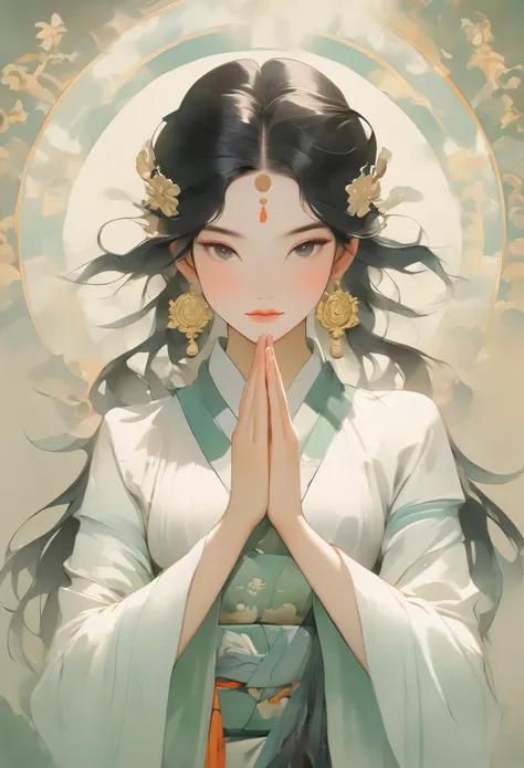 Beauty，Black hair，Black eyes，Gauze skirt，front，，symmetry，Hands together，Bodhisattva shape，Clean background，masterpiece,