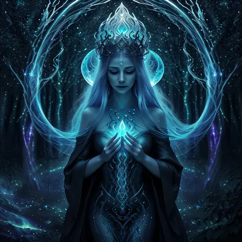 (a beautiful, powerful sorceress),portraits,surrealism,dark atmosphere,mysterious forest,luminous glow,flowing robes,floating crystals,enchanted staff,ethereal beauty,vibrant colors,fantastical creatures,radiant energy,mystical powers,ancient magic,dreamli...