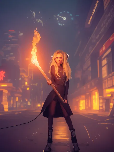 fire, girl holding a torch, cyberpunk neon night city