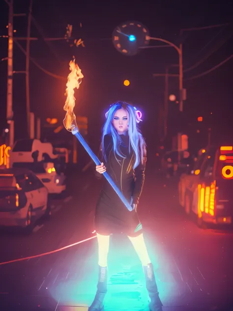 fire, girl holding a torch, cyberpunk neon night city