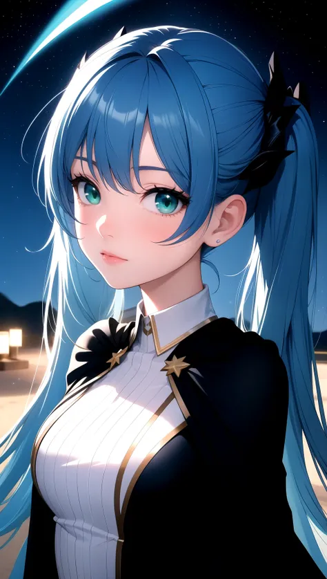 (masterpiece, best quality), 1girl, blue hair, green eyes, twintails, Enchantress velvet capes, starry sky, night, scenery, light particle, messy hair, looking at viewer,