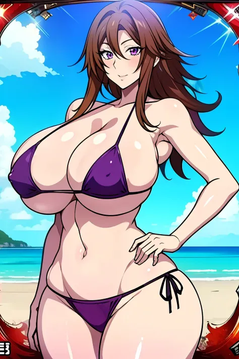 An anime-style artwork depicting Venelana Gremory from the anime High School DxD.

Tags: Venelana Gremory, anime, detailed eyes, detailed lips, ass, bare shoulders, 1girl, brown hair, (purple eyes), (micro bikini : 1.4),  solo, huge breasts, smiling expres...