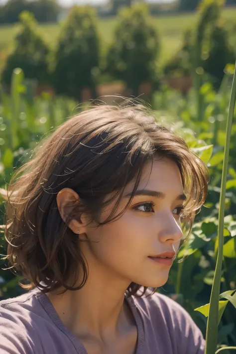 Araped woman working in vegetable garden, carrot field, Short permed hair, farmer, Cerveza Soft Devil Queen Madison, Violet Myers, No makeup, wavy hair, without makeup, portrait of a girl, Profile picture, Use Instagram Filters, Subtle soft and dim light, ...