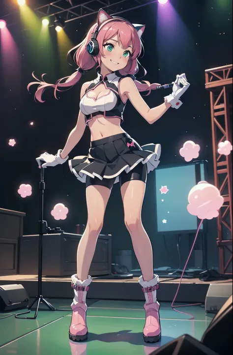 1girl, solo, masterpiece, pop idol, pink hair, pigtails, twin-tails, green eyes, blush, smile, cute face, (cat-eared headphones), idol outfit, ((frilly, midriff, sleeveless, 1cutout, cleavage cutout, matching gloves)), ((matching boots)), ((bike shorts, pl...