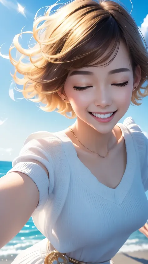 image from above front, best quality, super fine, 16k, incredibly absurdres, extremely detailed, beautiful girl with cute short hair, smiling, eyes closed, approach me, wearing cute clothes fashion, sparkling images, wind, wind-effect, shining-effect, back...