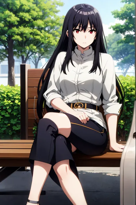 black hair,red eyes,masterpiece, best quality, high quality,sitting on the bench in the park,crossed legs