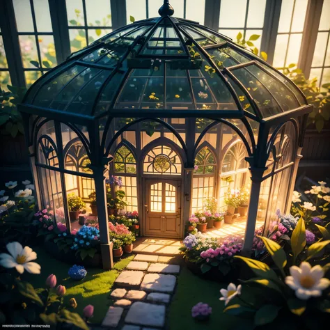 Magic garden miniature scene, Delicate flowers and softly lit branches,, Illuminated by happy smiling miniatures. 8K Autorealist,Secret Garden、inside the greenhouse、Light of the sun