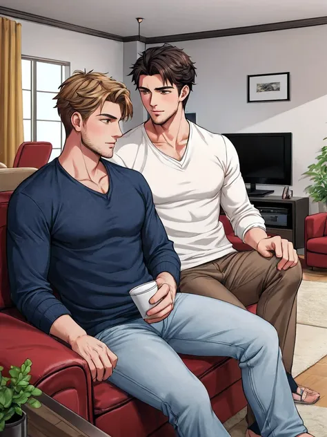 handsome men ,casual clothes .living room