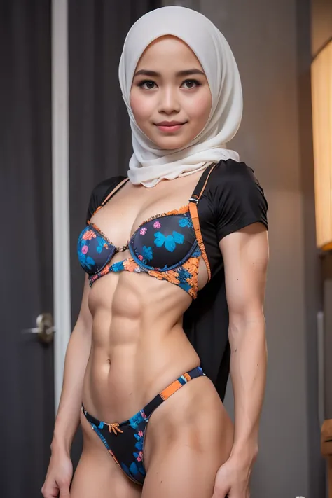 see-through T-shirt, Bodybuilder Naked, (((HIJAB MALAY GIRL))), masutepiece, High quality, UHD 32K, Realistic face, Realistic skin feeling , A Japanese Lady, 8 years old, , Very cute and baby-like face, (((FLAT CHEST))), (MATRIX WORLD), ((look In front  at...