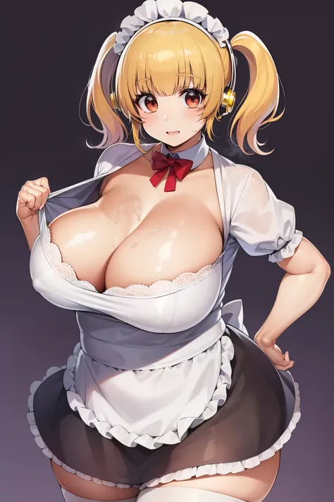 Super Pochaco wearing a (maids outfit) with bursting cleavage, huge breasts, thick, chubby, thick thighs, masterpiece, best quality, ultra detailed