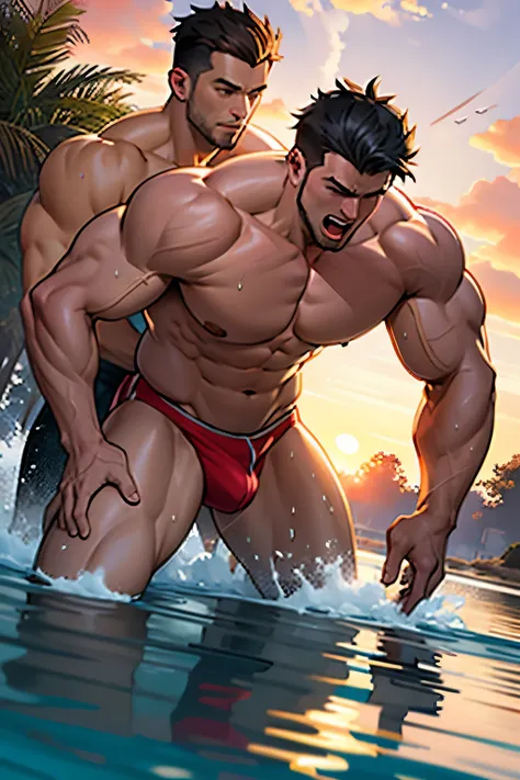 (Point of View) No SFW, Masterpiece (Extreme) Fanservice, Extremely Detailed, CG Unity 8k Wallpaper, Anime Style, Pair, Two Muscular Manly Men, His Boyfriend, Large Pecker, Bulge, Pectorals, Kneeling, Wide Body, From Bottom Angle, Dynamic, Windy, Soapy Vis...