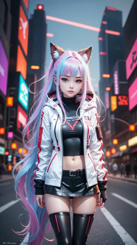 (RAW photos, Best quality, tmasterpiece:1.2), (actual, photo-actual:1.4),(tmasterpiece:1.4),(Best quality:1.4), ((cyber punk Girl)), ,Short white shirt，Open hooded fur-trimmed down jacket，Red miniskirt，((dynamicposes)), (((Cyberpunk city street background)...