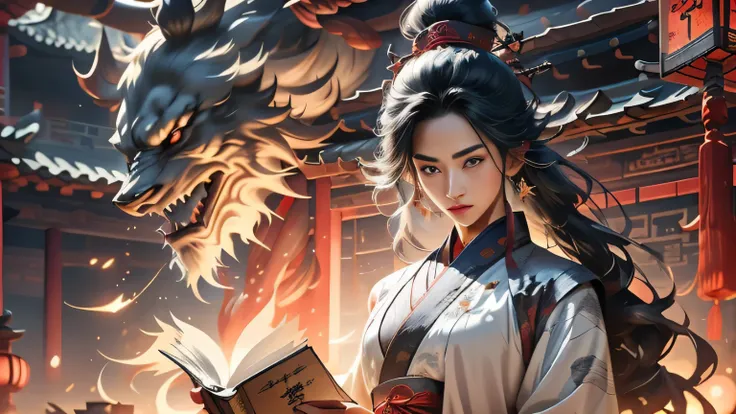 In ancient Chinese rooms, there is a wooden house with a girl reading a book, long black hair, Hanfu，Surprised expression，Shocked expression，lightning，Thunder magic，There is an electric current circulating in the book，