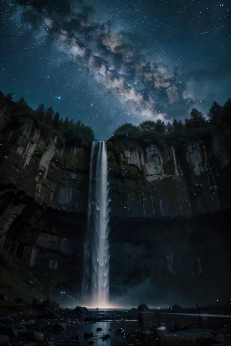 a scene of night sky, highly waterfall, near a high hill, star and galaxies in high frequency, lunminated lamps