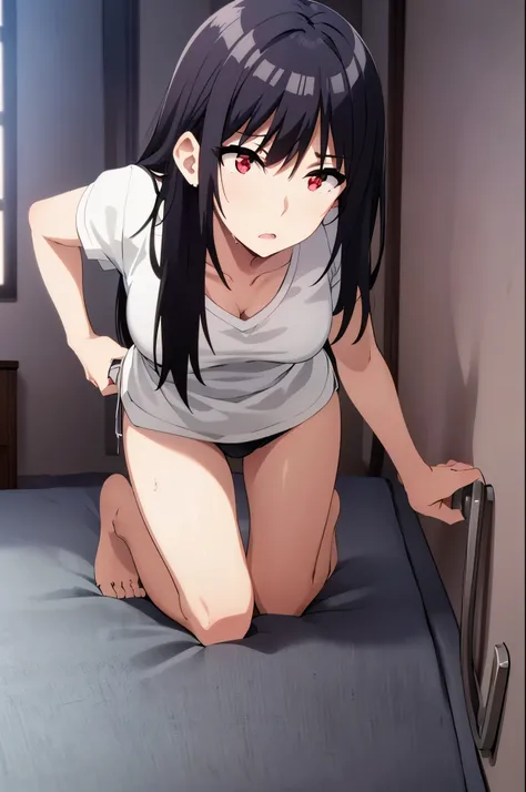 1girl, black hair,red eyes,masterpiece, best quality, high quality,medium breasts,(((white t-shirt,red underwear,bare legs))),kneeling on the bed,in the hospital
