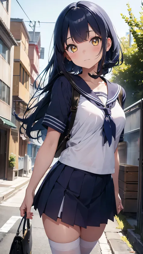 Create an enchanting and mysterious Sailor uniform girl with navy blue hair and yellow eyes looking up.